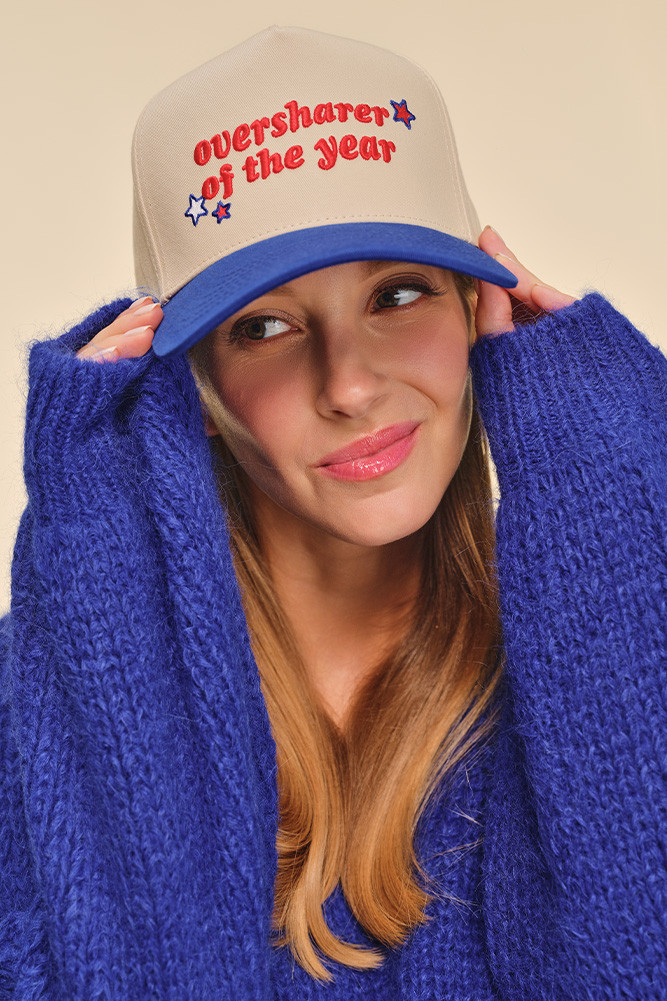 Women's Oversharer of the Year Letter Two-Tone Trucker Hat in Blue by BURACQ