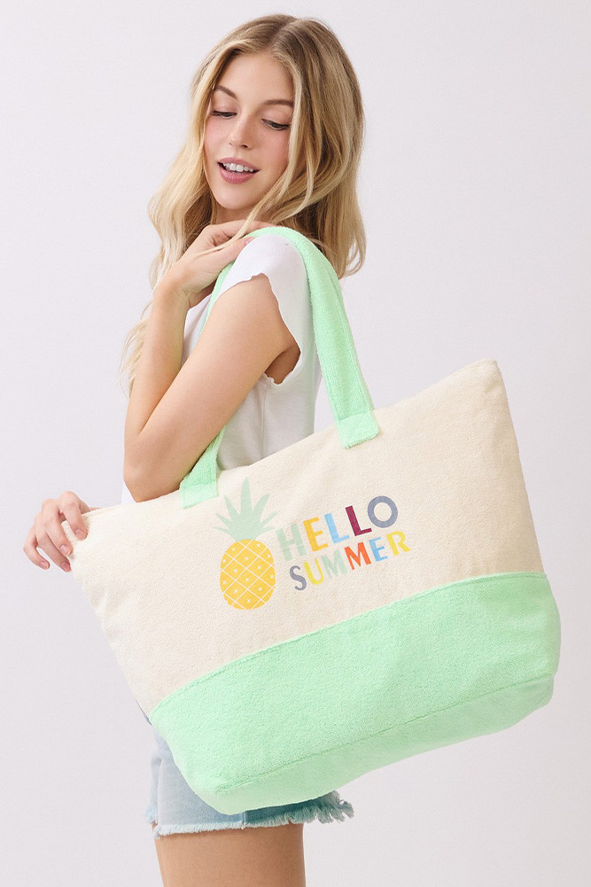 Women's Hello Summer Multi Color Letter and Pineapple Terry Tote Bag in Mint Green