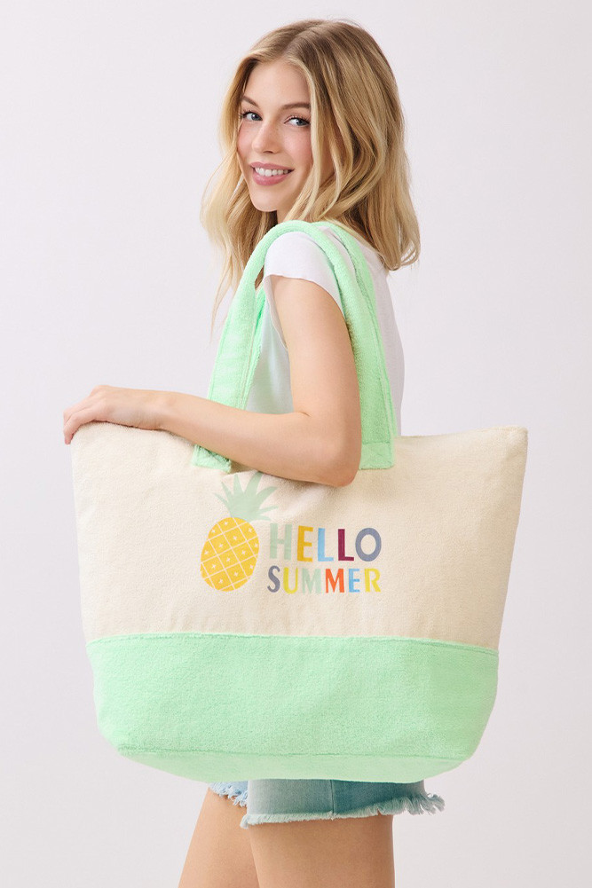 Women's Hello Summer Multi Color Letter and Pineapple Terry Tote Bag in Mint Green