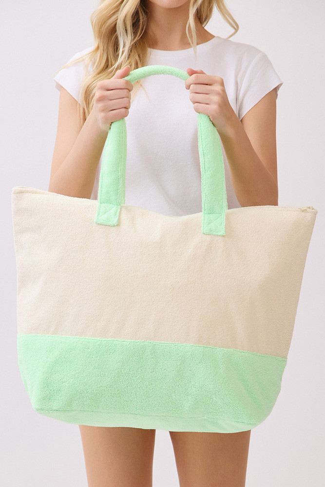 Women's Hello Summer Multi Color Letter and Pineapple Terry Tote Bag in Mint Green