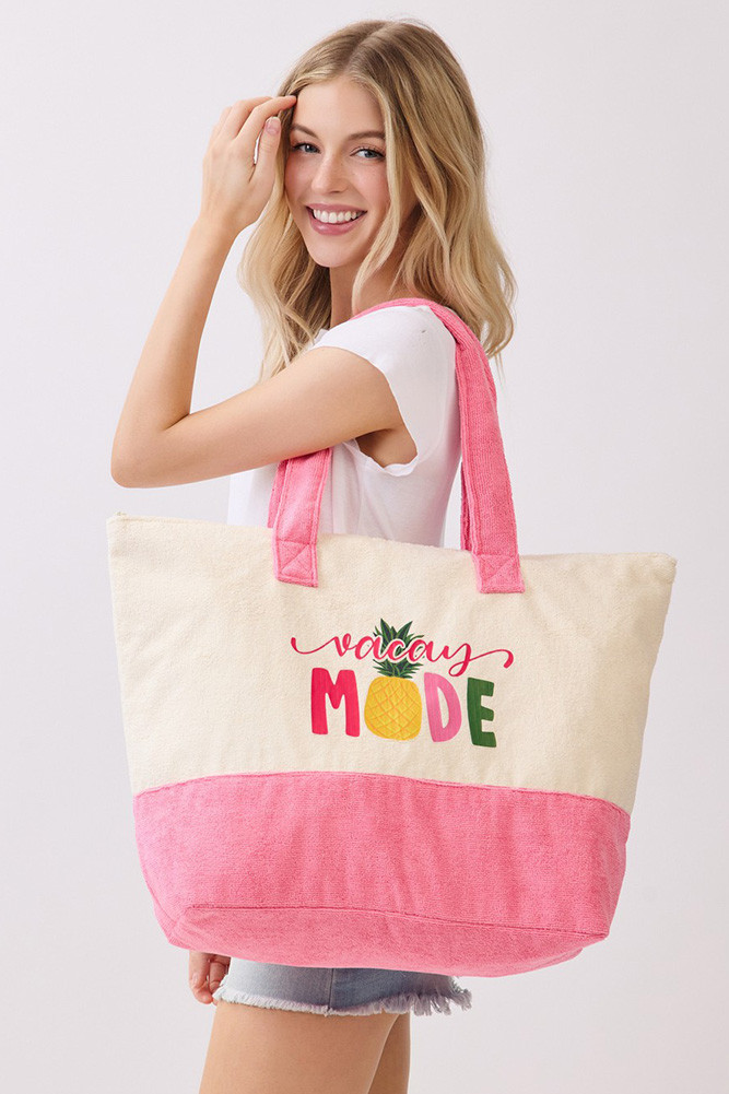 Women's Vacay Mode Multi Color Letter and Pineapple Terry Tote Bag in Hot Pink by BURACQ
