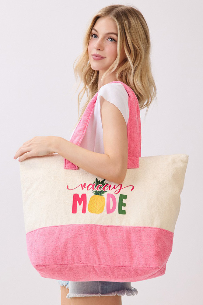 Women's Vacay Mode Multi Color Letter and Pineapple Terry Tote Bag in Hot Pink