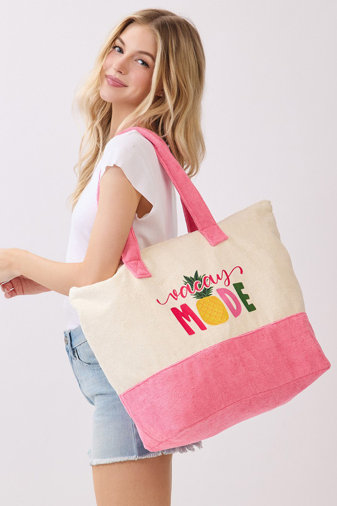 Women's Vacay Mode Multi Color Letter and Pineapple Terry Tote Bag in Hot Pink