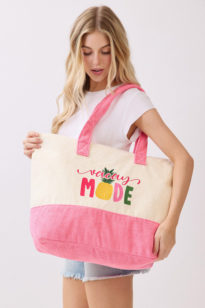 Women's Vacay Mode Multi Color Letter and Pineapple Terry Tote Bag in Hot Pink