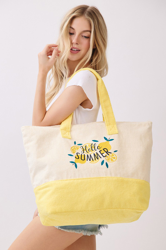 Women's Hello Summer Letter with Lemons Terry Tote Bag in Yellow