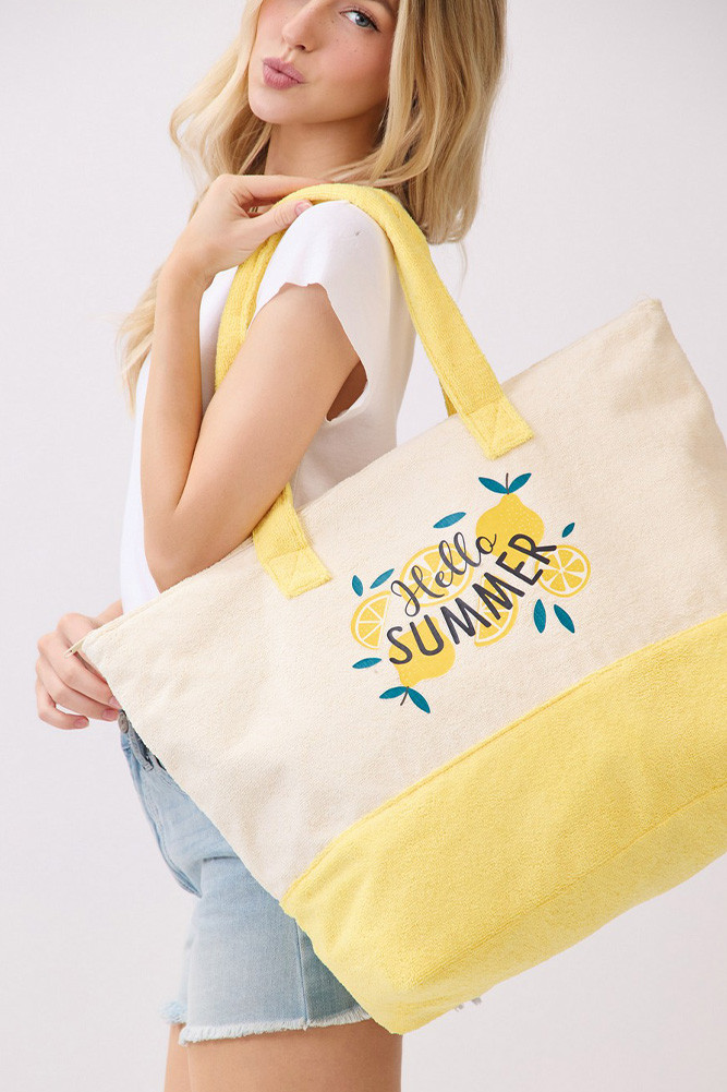 Women's Hello Summer Letter with Lemons Terry Tote Bag in Yellow