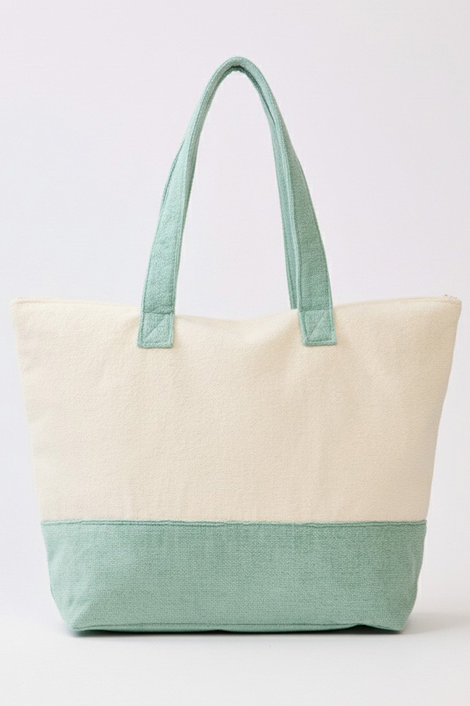 Women's Beach Bum Letter with Palm Tree and Drink Terry Tote Bag in Mint
