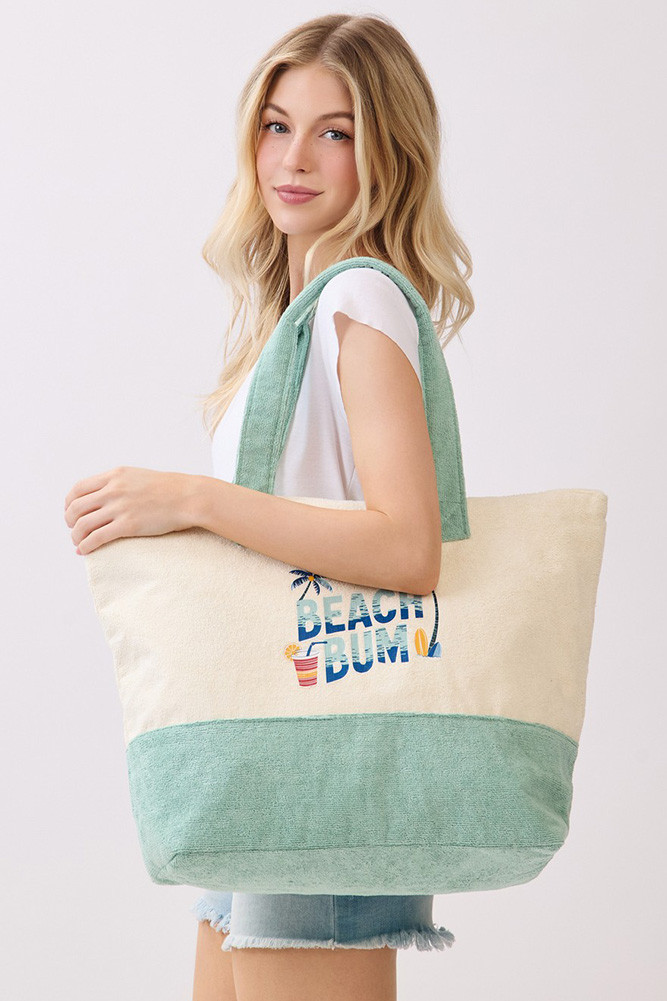Women's Beach Bum Letter with Palm Tree and Drink Terry Tote Bag in Mint