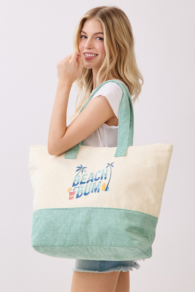 Women's Beach Bum Letter with Palm Tree and Drink Terry Tote Bag in Mint