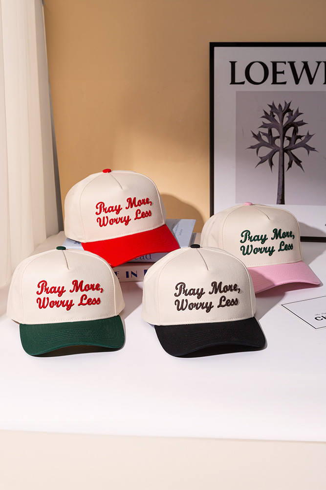 Women's Pray More, Worry Less Embroidered Letter Two-Tone Cap by BURACQ