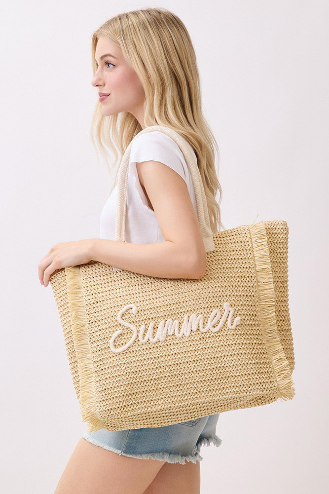 Women's Summer Letter and Gold Lurex Woven Straw Fringe Tote Bag in Beige