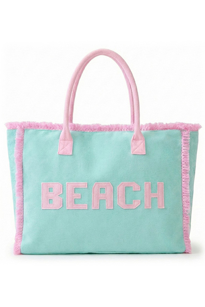 Women's Beach Letter Frayed Edge Trim Summer Tote Bag in Mint