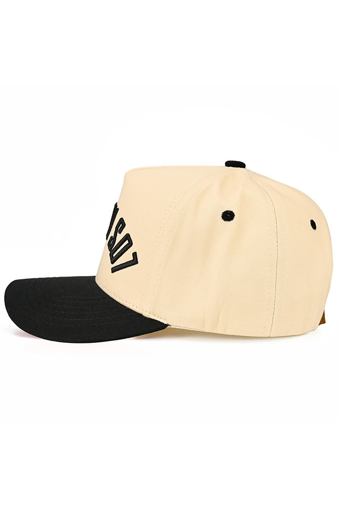 Women's Los Angeles Embroidered Letter Two-Tone Trucker Hat in Black