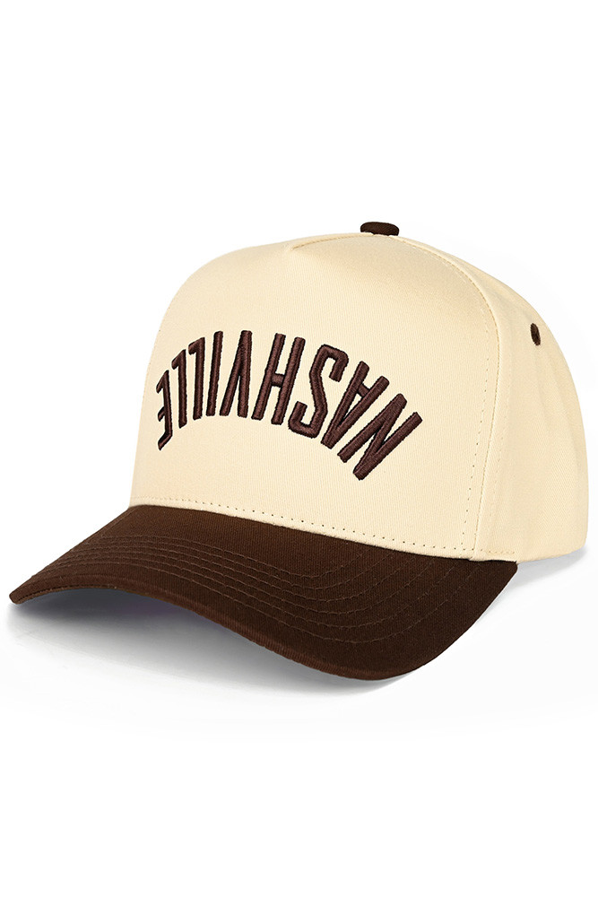 Women's Nashville Embroidered Letter Two-Tone Trucker Hat in Brown