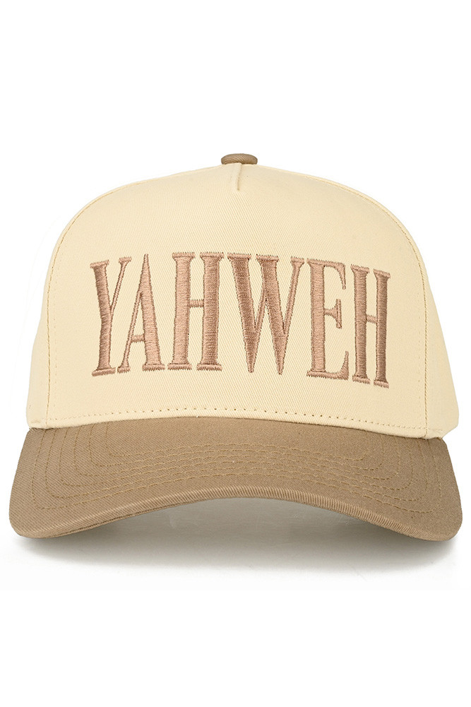 Women's Yahweh Letter Embroidered on Brim Two-Tone Trucker Hat in Beige