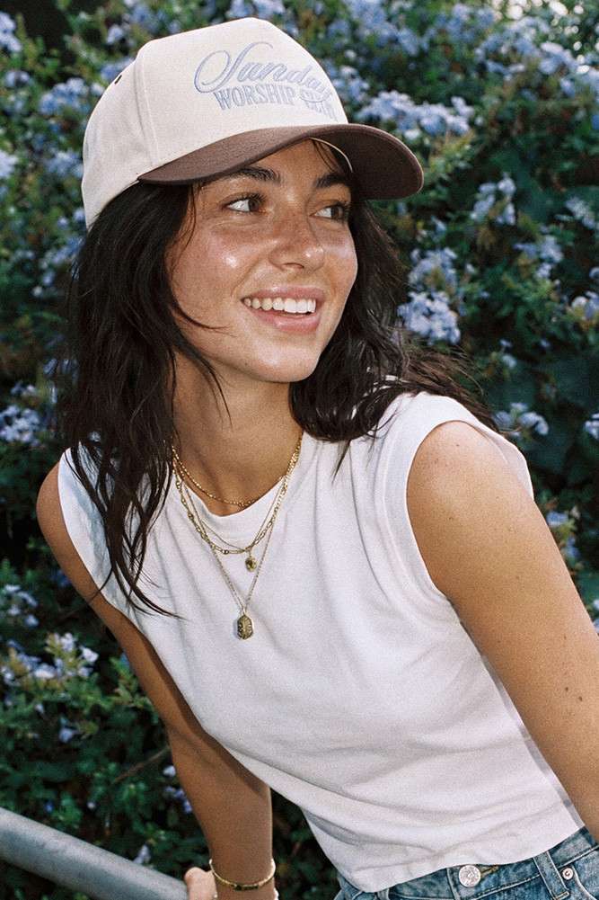 Women's Sunday Worship Club Letter on Two-Tone Trucker Hat in Brown by BURACQ