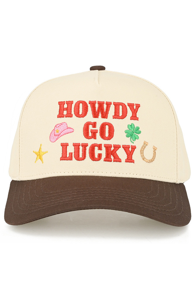 Women's Howdy Go Lucky Letter on Two-Tone Trucker Hat in Brown
