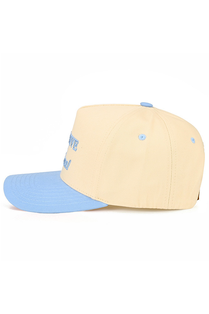 Women's Expensive and Delusional Letter on Two-Tone Trucker Hat in Sky Blue