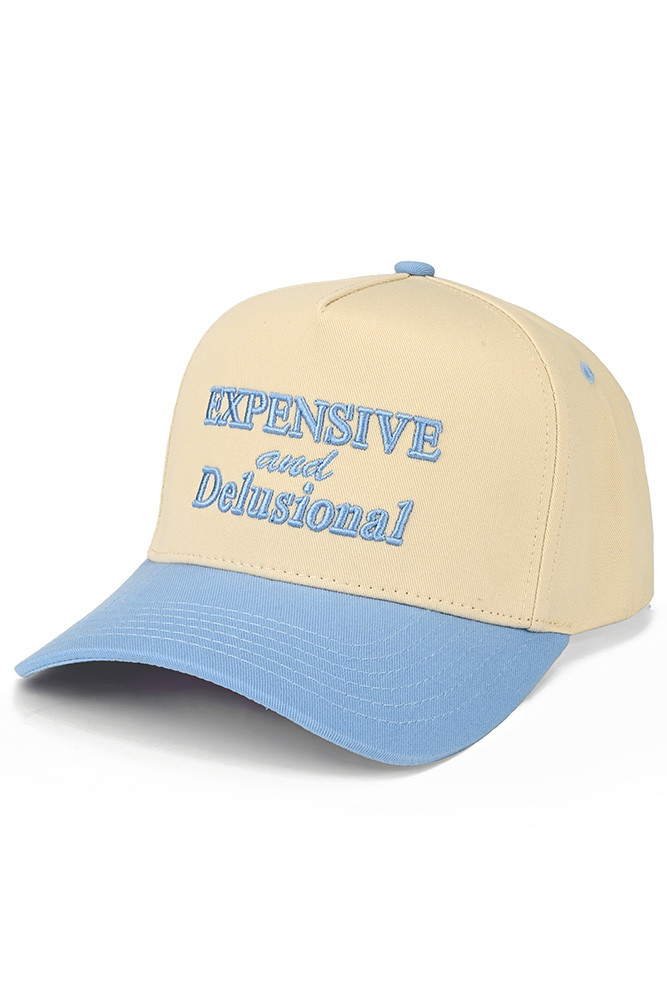 Women's Expensive and Delusional Letter on Two-Tone Trucker Hat in Sky Blue
