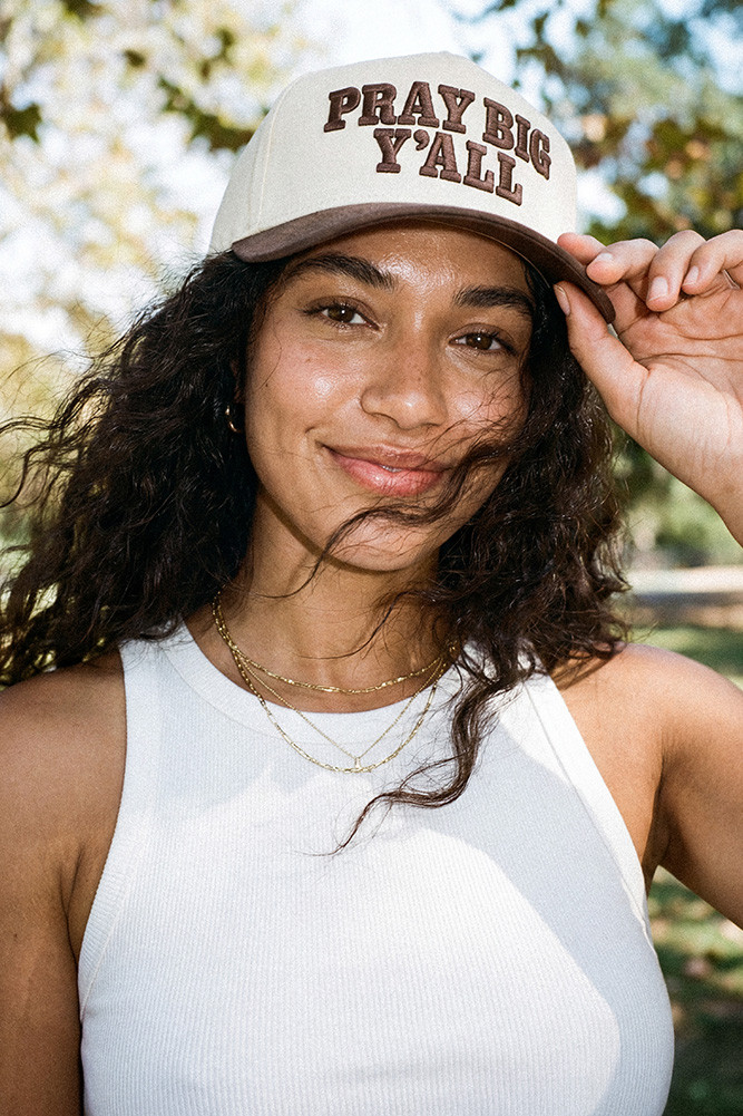 Women's Pray Big Y'all Letter on Two-Tone Trucker Hat in Brown by BURACQ