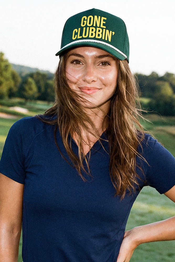 Women's Gone Clubbin' Letter with Rope on Two-Tone Trucker Hat in Dark Green White by BURACQ