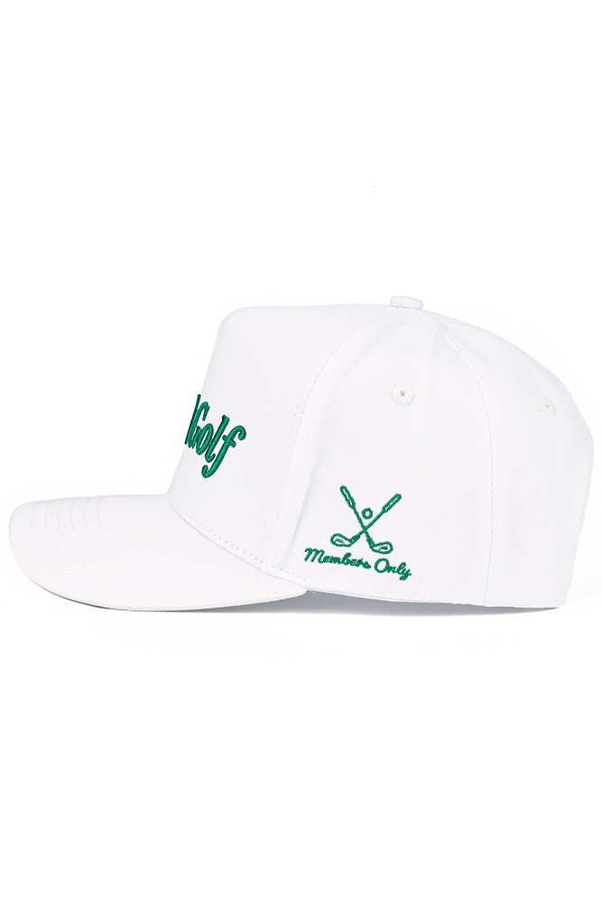 Women's Apres Golf Letter Embroidered on Two-Tone Trucker Hat in White