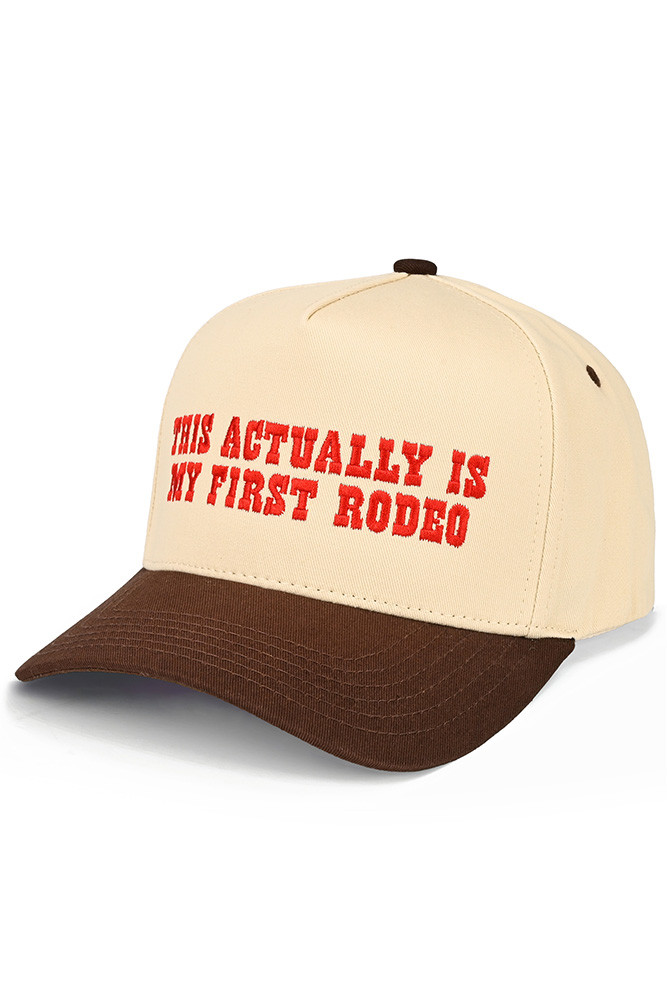 Women's This Actually Is My First Rodeo Letter Trucker Hat in Brown