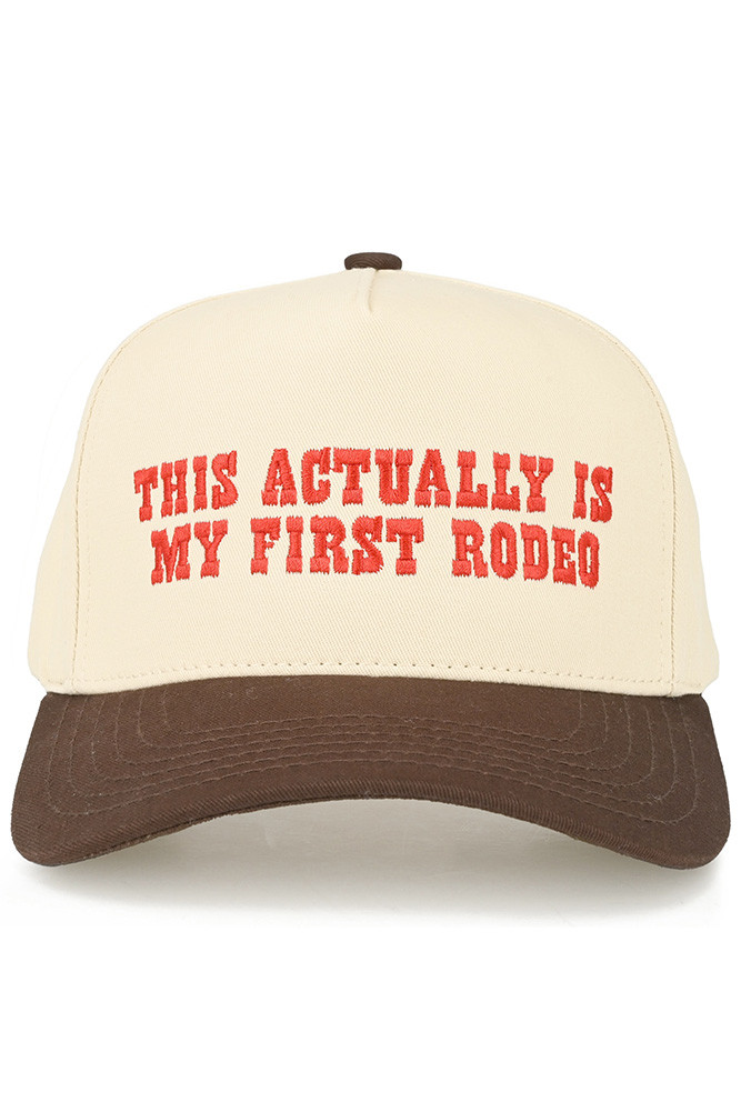 Women's This Actually Is My First Rodeo Letter Trucker Hat in Brown