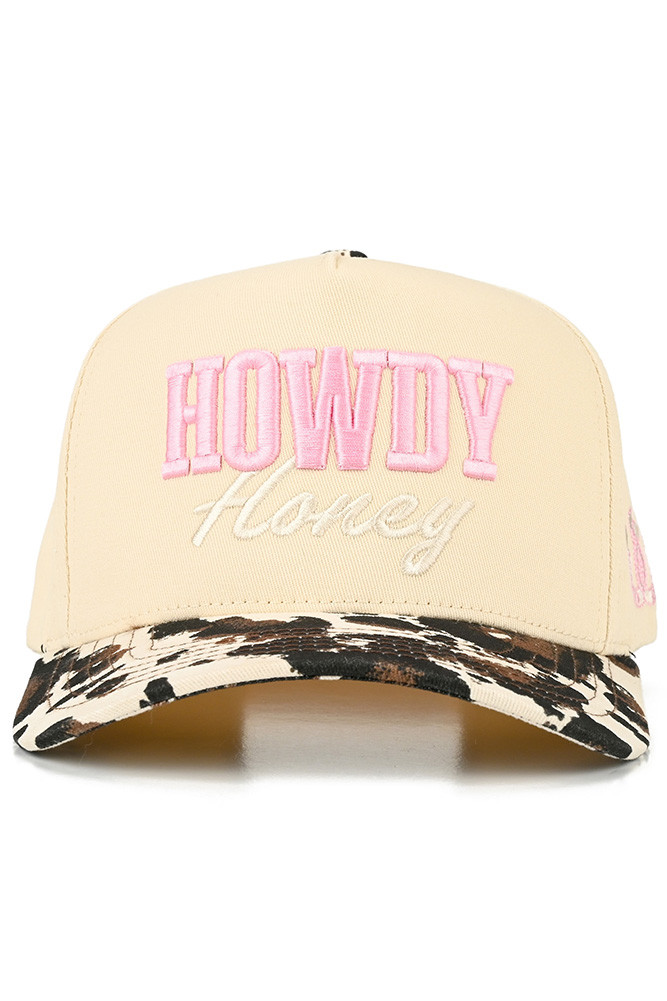Women's Howdy Honey Letter Embroidered on Two-Tone Trucker Hat in Cow