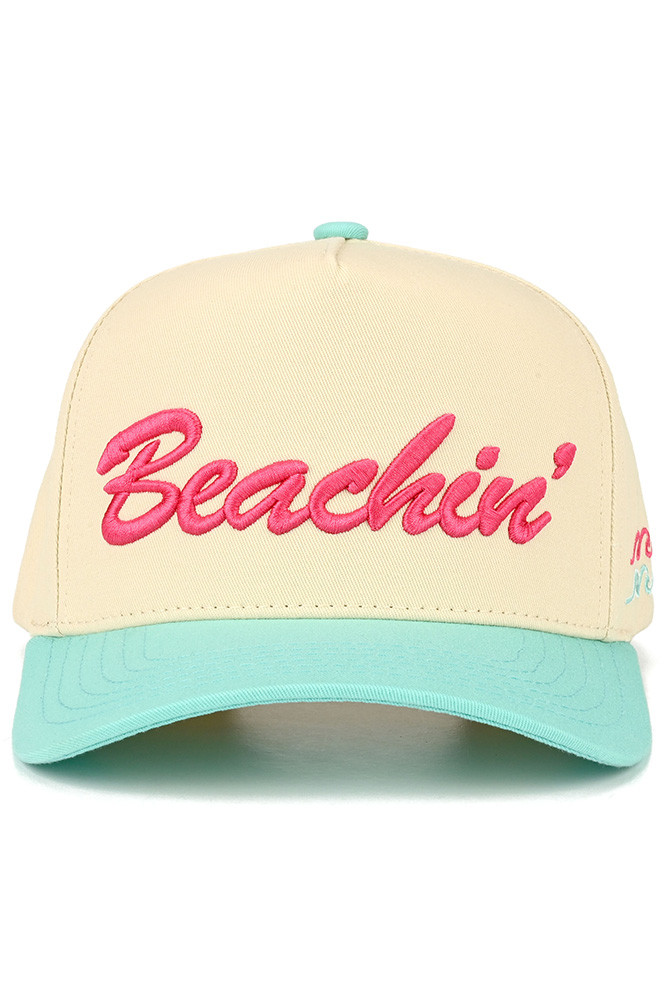 Women's Beachin' Letter Embroidered on Two-Tone Trucker Hat in Mint