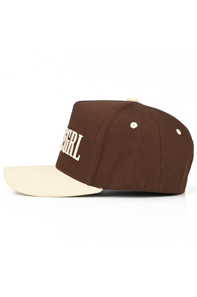 Women's Coffeegrl Letter Embroidered on Two-Tone Trucker Hat in Cream Brown