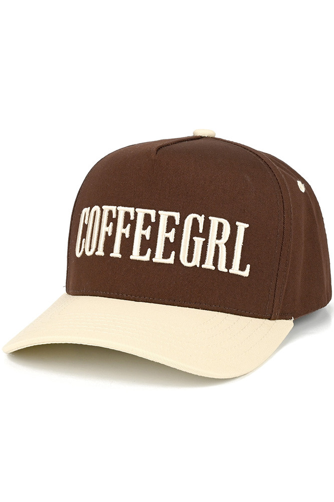 Women's Coffeegrl Letter Embroidered on Two-Tone Trucker Hat in Cream Brown