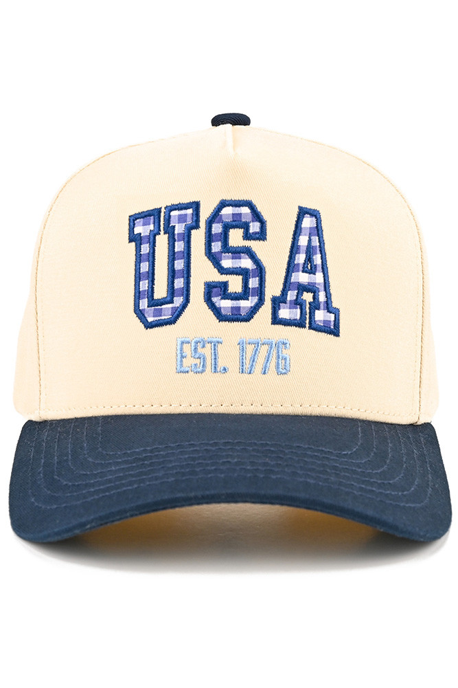 Women's Gingham Check USA Est 1776 Letter Two-Tone Trucker Hat in Navy