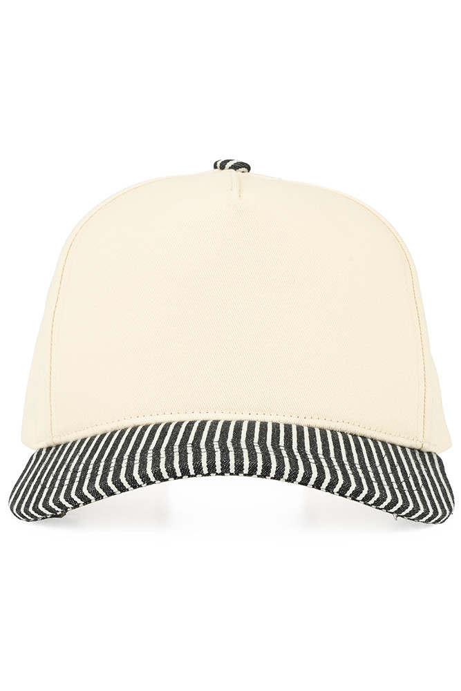 Women's Denim Pinstripe Cotton Criss-Cross Ponytail Trucker Hat in Black