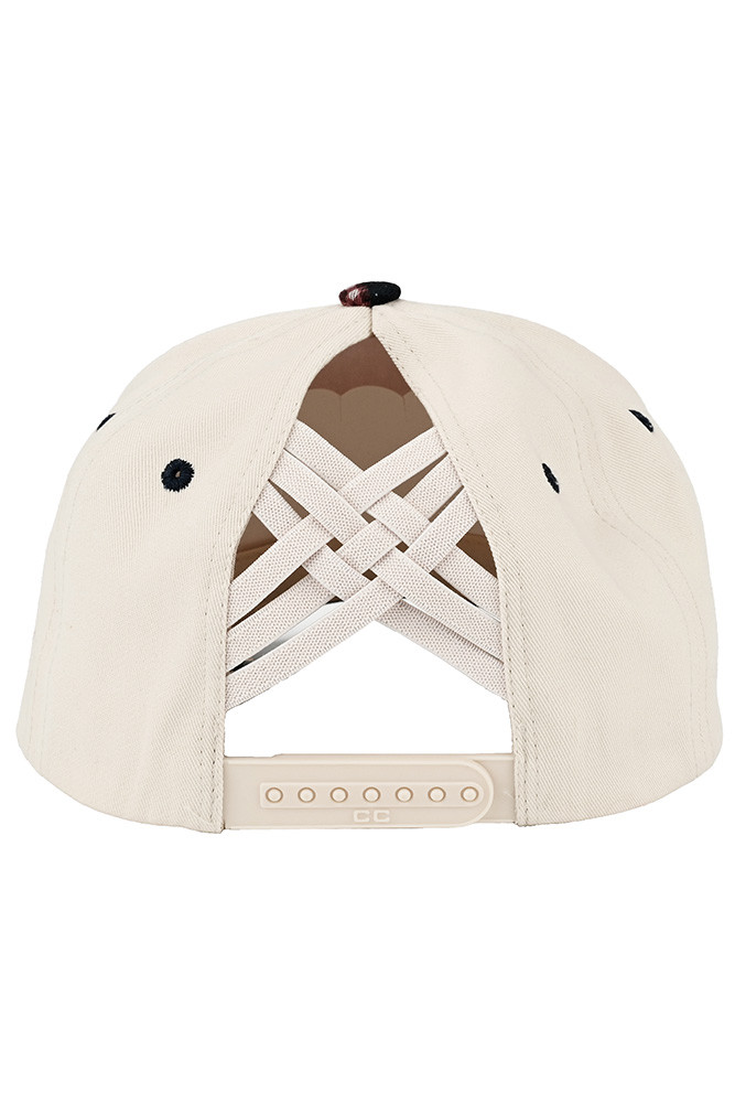 Women's Multi Pattern Patchwork Criss-Cross Ponytail Trucker Hat in Beige