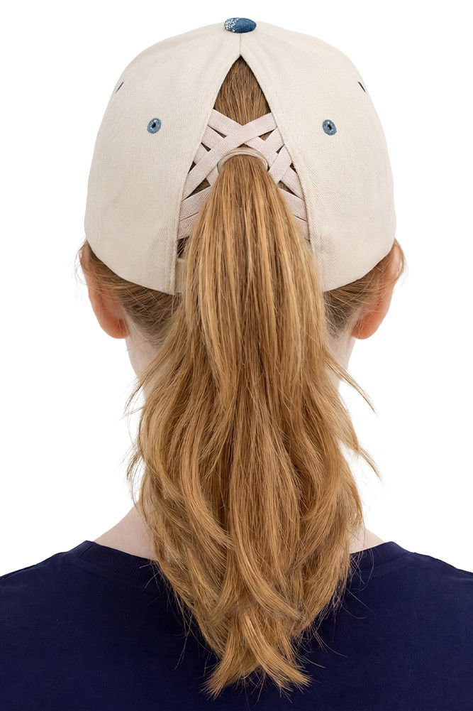 Women's Paisley Pattern Brim Criss-Cross Ponytail Trucker Hat in Denim