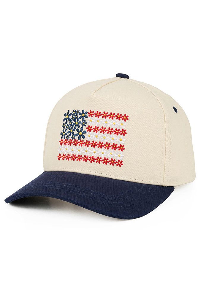 Women's Floral Flag Pattern Criss-Cross Ponytail Trucker Hat in Navy