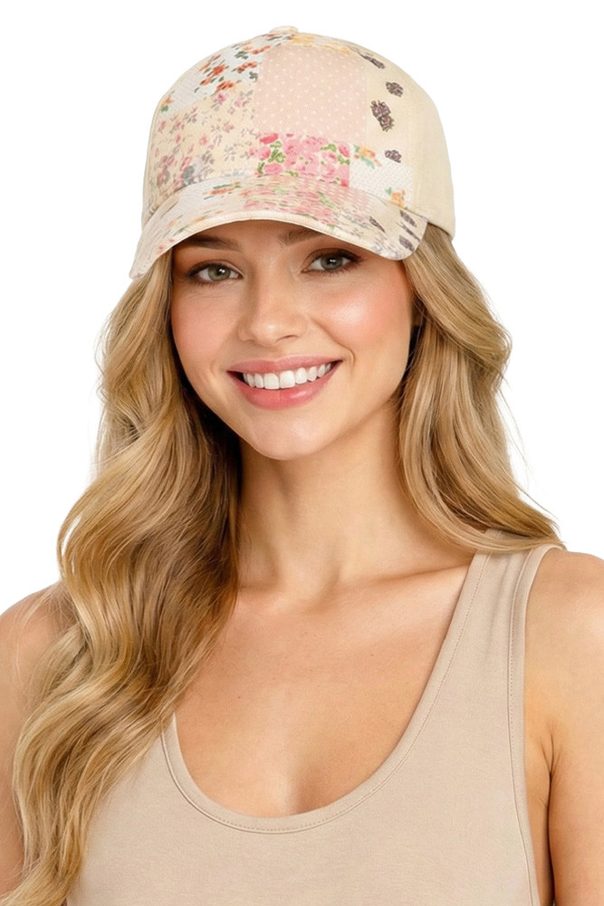 Women's Floral Patchwork Brim Criss-Cross Ponytail Trucker Hat in Beige by BURACQ