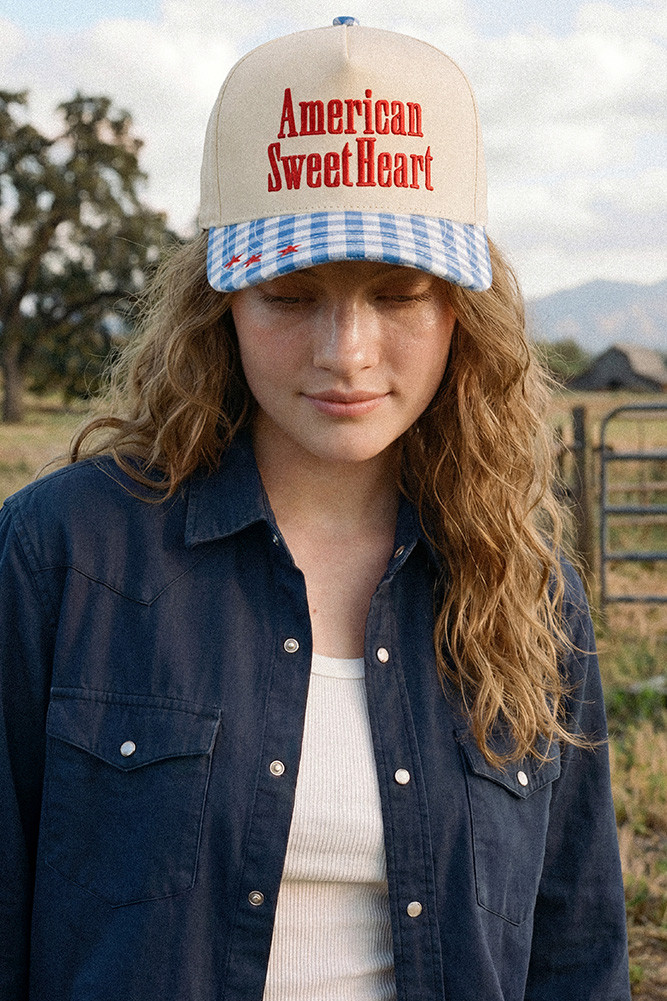 Women's American Sweetheart Letter on Two-Tone Trucker Hat in Blue by BURACQ