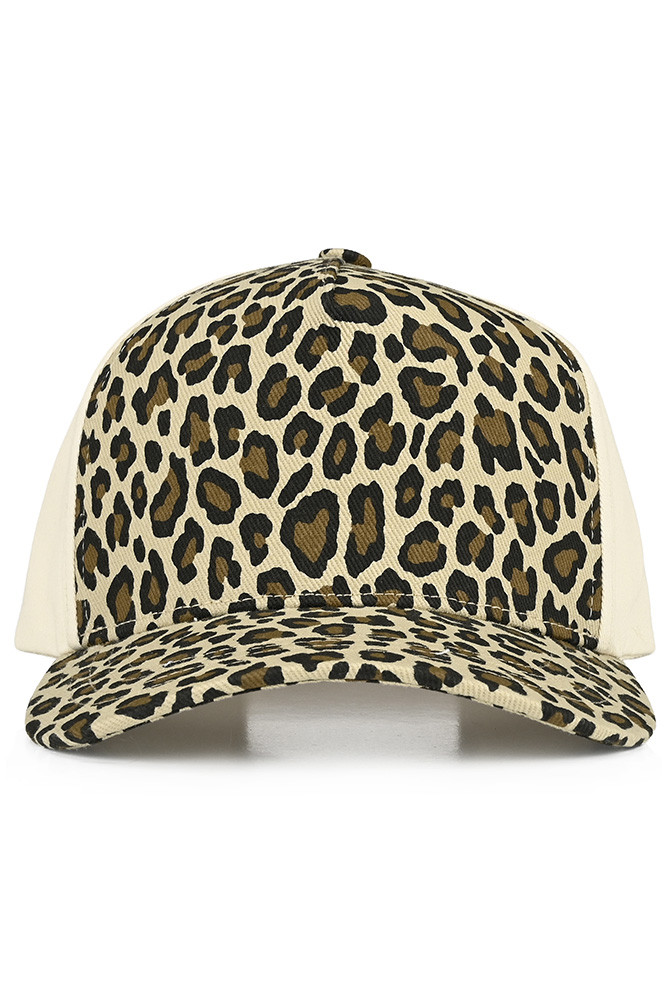 Women's Leopard Pattern Two-Tone Criss-Cross Back Trucker Hat in Beige