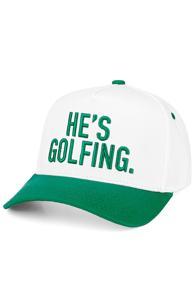 Women's He's Golfing Letter Embroidered on Two-Tone Trucker Hat in Green