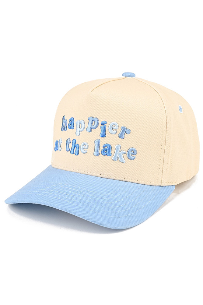 Women's Happier at the Lake Letter Two-Tone Trucker Hat in Sky Blue