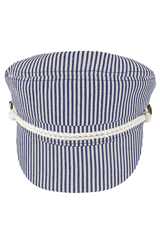 Women's Cotton Pin Stripe Pattern with Rope Fisherman Cap in Navy
