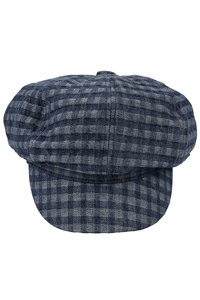 Women's Checker Check Pattern Denim Newsboy Cap in Dark Denim
