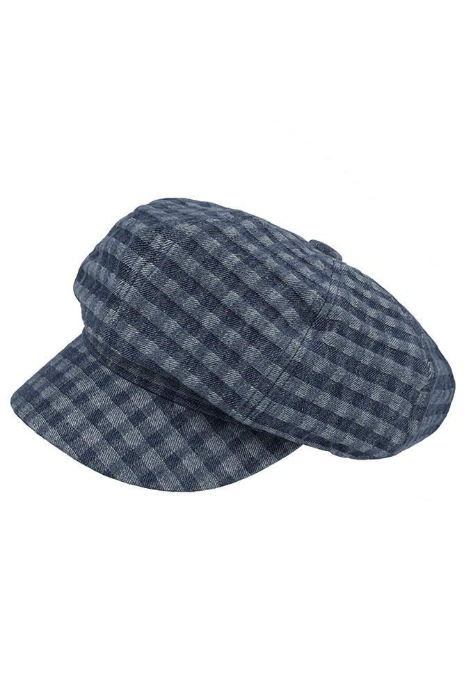 Women's Checker Check Pattern Denim Newsboy Cap in Dark Denim