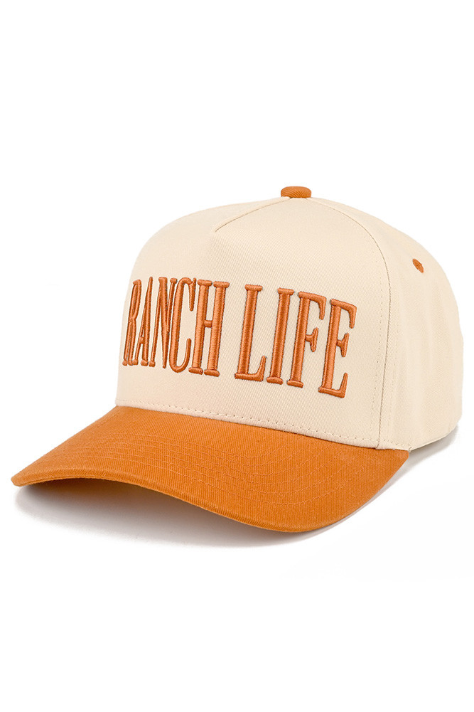 Women's Ranch Life Letter Embroidered Two-Tone Trucker Hat in Burnt Orange