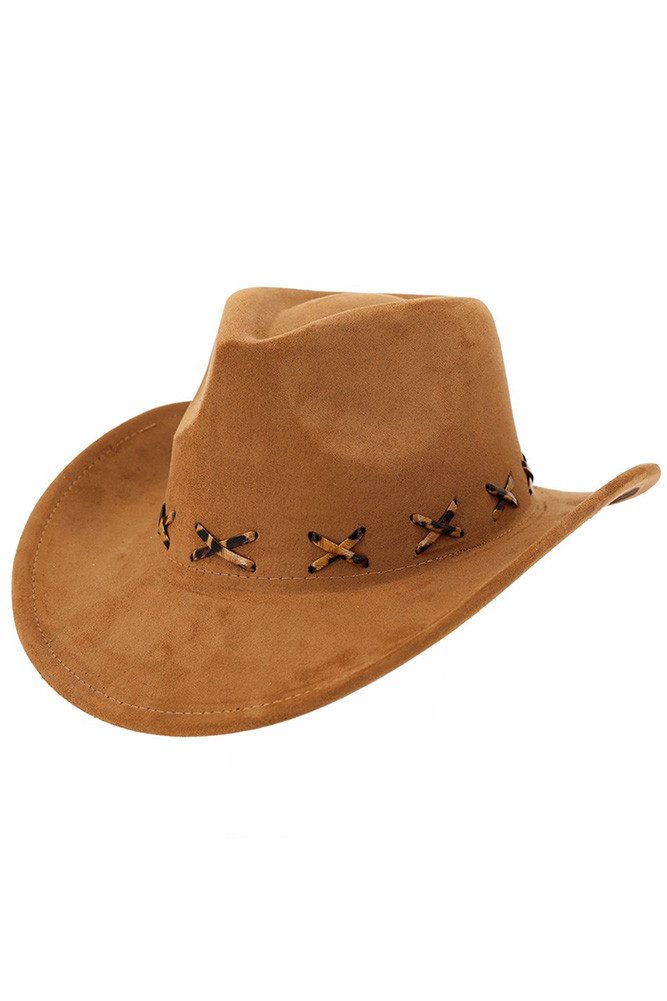 Women's Leopard Pattern X Stitching Faux Suede Cowboy Hat in Taupe