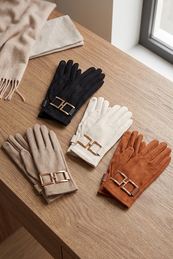 Women's Square Buckle Accent Faux Suede Touchscreen Gloves by BURACQ