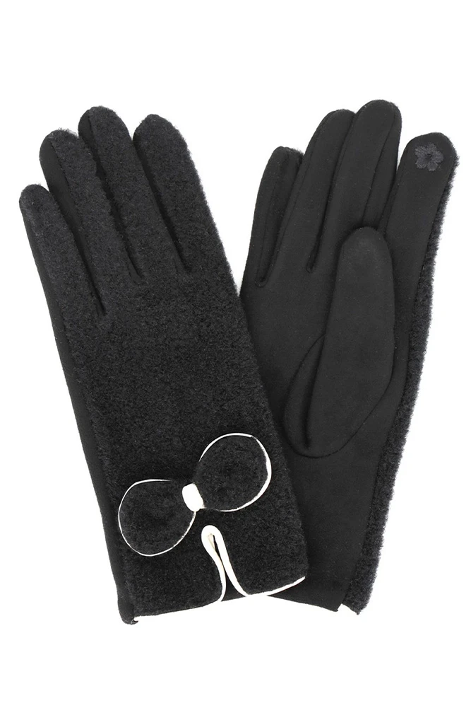 Women's Hair Bow-Knot Soft Boucle Texture Touchscreen Gloves in Black