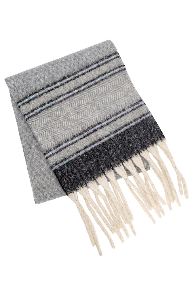 Women's Herringbone Accent Multi-Tone Color Stripe Fringe Scarf in Gray